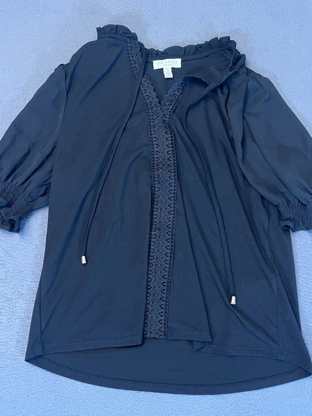 Rio & Rian Black Blouse Womens PL Tie Neck Ruffle Peasant Shirt Tunic 1/2 Sleeve